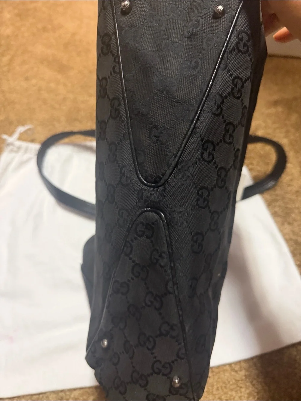 Gucci Black GG Canvas Tote with Leather Trim
